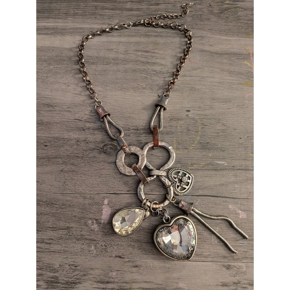 Mixed Metal Crystal Heart Charm Necklace Boho Silver Copper Tone 18 Inch